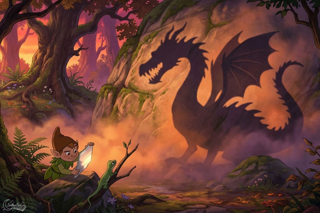 Obrovský, hrozivý stín ještěrky, který vypadá jako drak, se promítá na mlžnou skálu v lese při západu slunce.