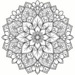 Černobílá line-art omalovánka květinové mandaly s motýly pro děti na bílém pozadí.