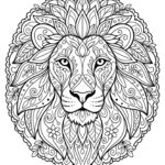Černobílá line-art omalovánka pro děti s motivem majestátní lví hlavy, která je vyplněná mandalovými vzory na bílém pozadí.