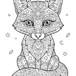 Černobílá line-art omalovánka pro děti zobrazující celou postavu lišky s detailními mandalovými vzory na bílém pozadí s hvězdami.