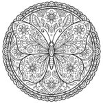 Černobílá line-art omalovánka dětské mandaly s motivem motýla, izolovaná na čistě bílém pozadí.