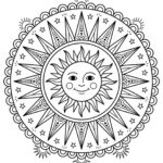 Černobílá line-art omalovánka mandaly pro děti s usměvavým sluncem uprostřed na bílém pozadí.