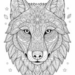 Černobílá line-art omalovánka pro děti s motivem detailní vlčí hlavy ve stylu mandaly a zentangle na bílém pozadí.