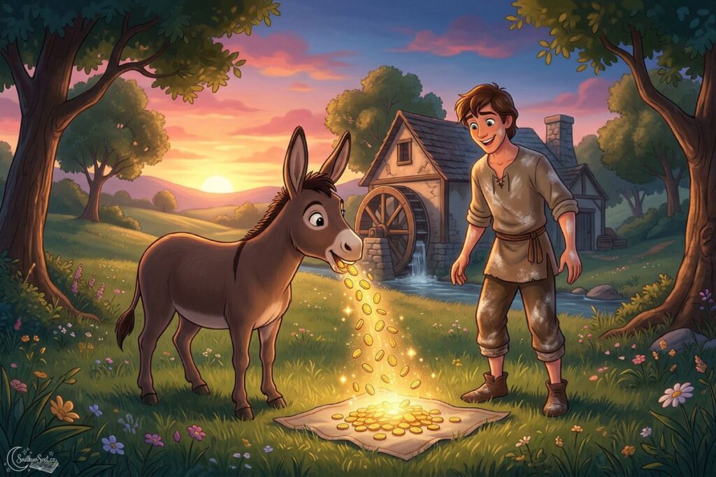 Prostřední bratr s úžasem sleduje svého oslíka, který na louce sype zlaté dukáty na plachtu.
