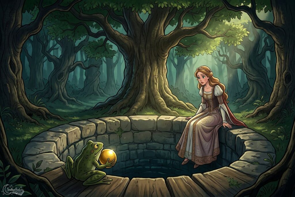 Nejmladší princezna sedí u kamenné studny v lese a překvapeně se dívá na žabáka, který drží její zlatou kouli.