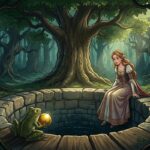 Nejmladší princezna sedí u kamenné studny v lese a překvapeně se dívá na žabáka, který drží její zlatou kouli.