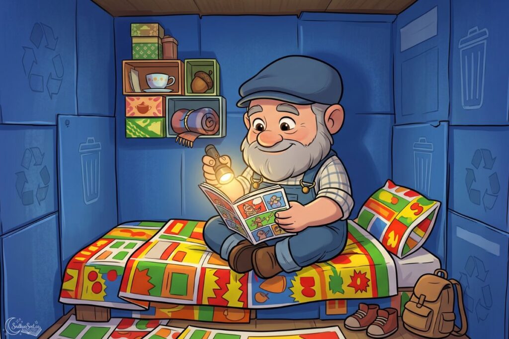 Skřítek Odpaďáček v modré rádiovce sedí ve vzorně uklizeném modrém kontejneru na papír, svítí si baterkou a čte si. Kolem má poličky z krabiček od čaje.