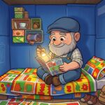 Skřítek Odpaďáček v modré rádiovce sedí ve vzorně uklizeném modrém kontejneru na papír, svítí si baterkou a čte si. Kolem má poličky z krabiček od čaje.