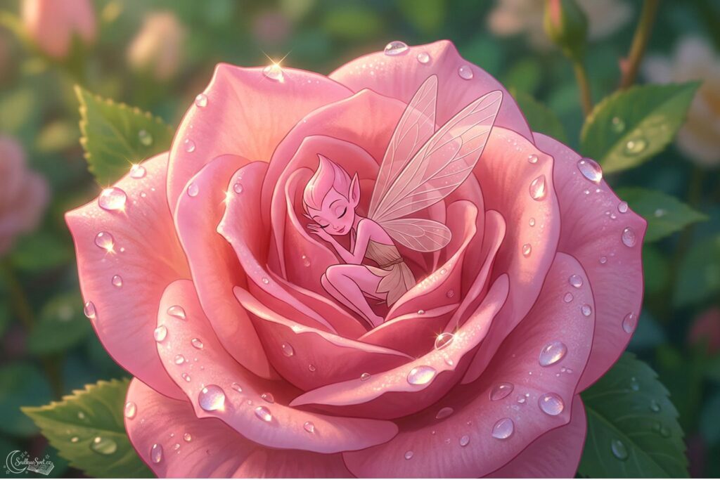 Malý růžový skřítek s průsvitnými křídly sedí uprostřed okvětních lístků růže pokryté ranní rosou.