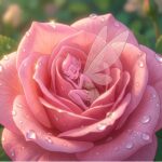 Malý růžový skřítek s průsvitnými křídly sedí uprostřed okvětních lístků růže pokryté ranní rosou.