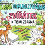 Barevný titulní obrázek k sérii jarních omalovánek se zvířátky – zajíček, koloušek, medvídek a další na rozkvetlé louce.