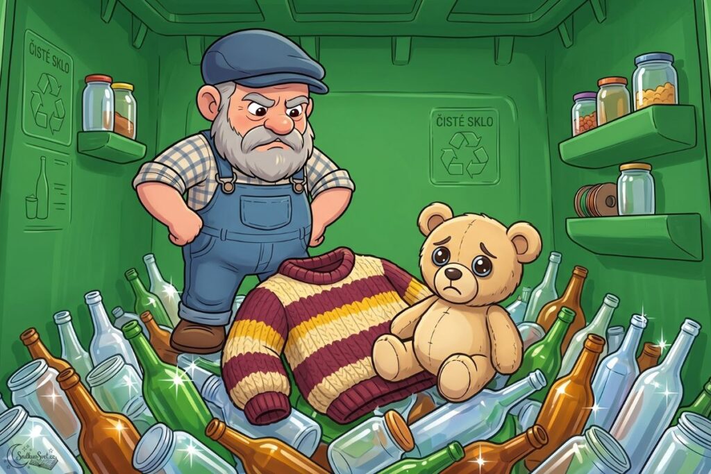 Odpaďáček v modré čepici nakukuje do zeleného kontejneru na sklo, kde leží tlustý svetr a plyšový medvěd přímo na skleněných lahvích.