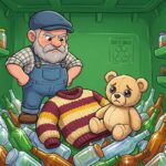 Odpaďáček v modré čepici nakukuje do zeleného kontejneru na sklo, kde leží tlustý svetr a plyšový medvěd přímo na skleněných lahvích.