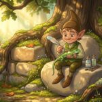 Malý skřítek v krejčovské vestičce stojí u kamenné zídky a pečlivě čistí zelené ještěrce její šupiny.