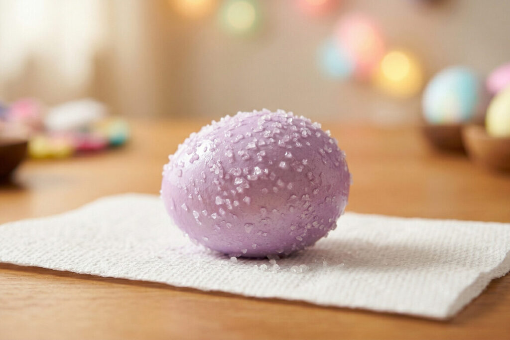 Detailní záběr na mokré fialové vajíčko posypané krystalky soli na bílém papírovém ubrousku