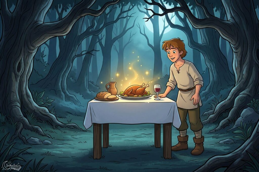 Mladý učedník stojí v hlubokém lese u kouzelného dřevěného stolečku, který se sám prostírá.