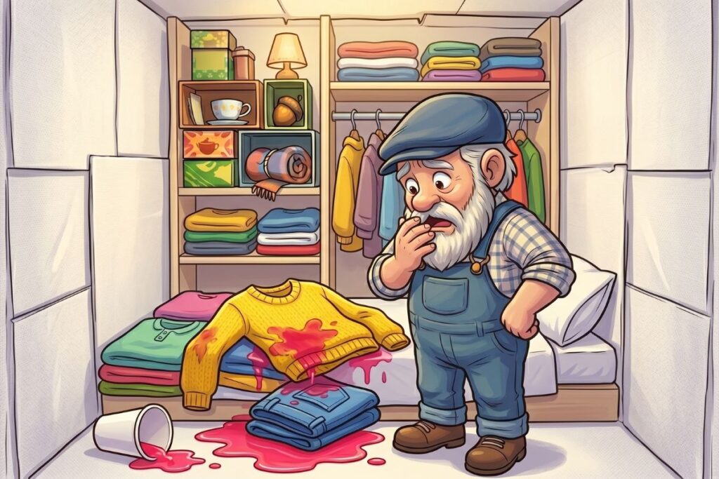 Skřítek Odpaďáček se zlobí na rozlitý kelímek s červenou limonádou, který v bílém kontejneru ušpinil čistý žlutý svetr a modré džíny.