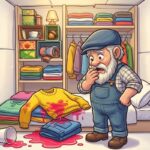 Skřítek Odpaďáček se zlobí na rozlitý kelímek s červenou limonádou, který v bílém kontejneru ušpinil čistý žlutý svetr a modré džíny.