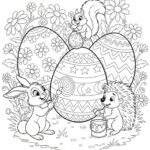 Zvířátka malují velikonoční vajíčka v rozkvetlé jarní přírodě – omalovánka pro děti