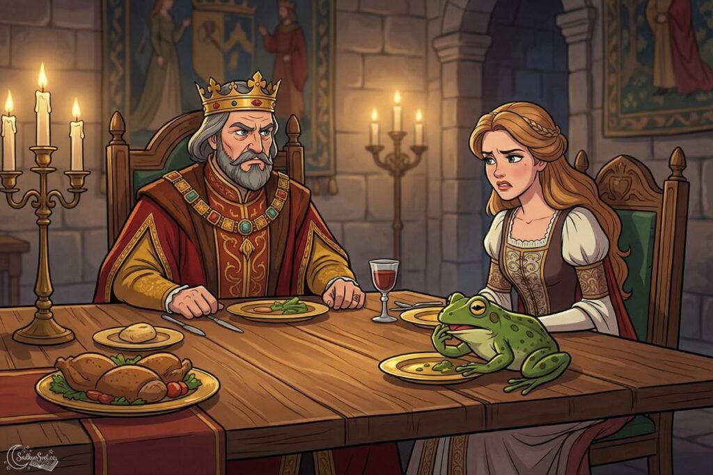 Král přísně dohlíží na princeznu, která musí u večeře nechat žabáka jíst ze svého zlatého talíře.