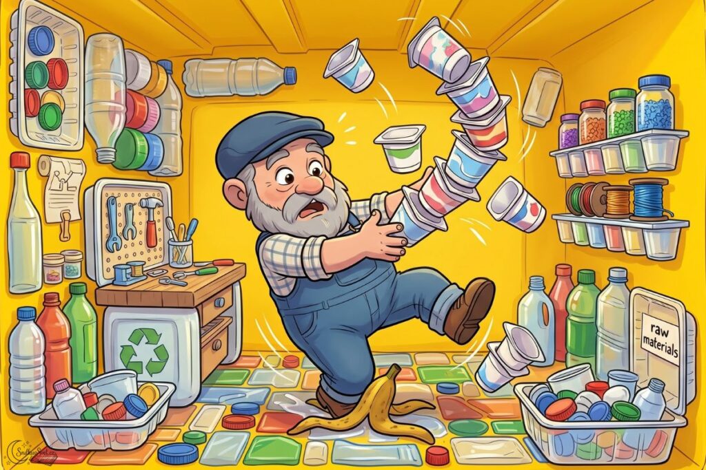 Skřítek Odpaďáček v modré čepici a montérkách komicky uklouzl na banánové slupce uvnitř žlutého kontejneru. Z rukou mu létají čisté kelímky od jogurtu.