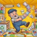 Skřítek Odpaďáček v modré čepici a montérkách komicky uklouzl na banánové slupce uvnitř žlutého kontejneru. Z rukou mu létají čisté kelímky od jogurtu.