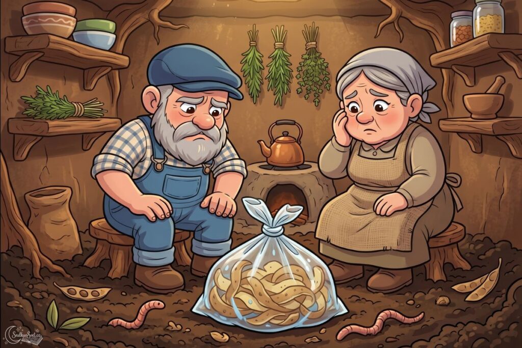 Skřítek Odpaďáček a teta Kompostová zklamaně koukají na zavázaný igelitový sáček se slupkami, který někdo hodil do hnědé popelnice.