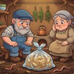 Skřítek Odpaďáček a teta Kompostová zklamaně koukají na zavázaný igelitový sáček se slupkami, který někdo hodil do hnědé popelnice.