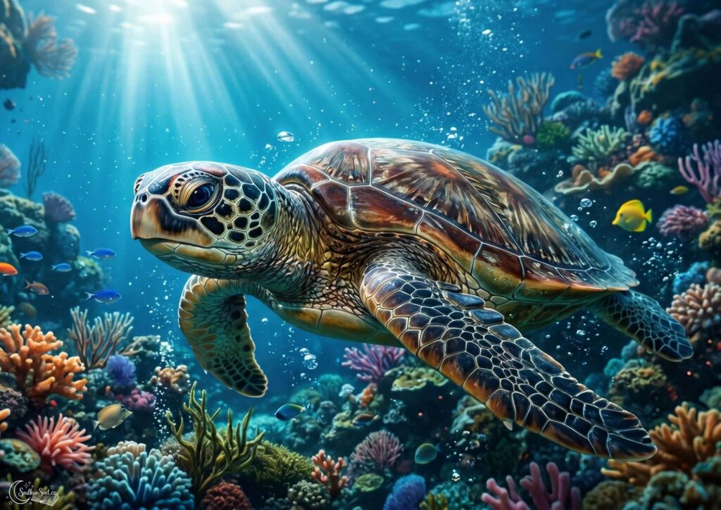 Detailní ilustrace mořské želvy, která plave v oceánu plném korálů a prosvětlené vody.