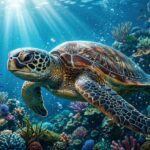 Detailní ilustrace mořské želvy, která plave v oceánu plném korálů a prosvětlené vody.