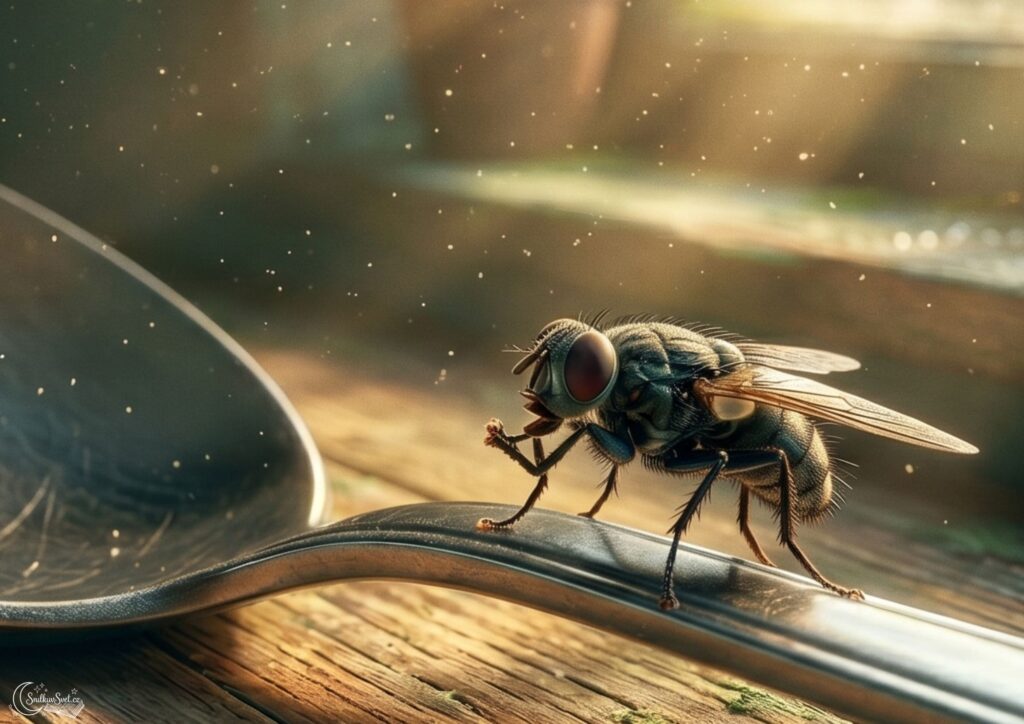 Makro snímek malé mouchy stojící na rukojeti kovové polévkové lžíce. Moucha má zvednuté přední nožičky a tře si je o sebe, v pozadí prosvítá hřejivé sluneční světlo oknem.