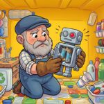 Skřítek Odpaďáček v tlustých rukavicích prohlíží malého plastového robota, ze kterého koukají staré, vyteklé tužkové baterie.
