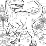 Černobílá detailní kresba Allosaura s typickými hřebínky nad očima uprostřed prehistorické pláně.