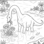 Černobílá lineární kresba Brachiosaura stojícího v pralese plném kapradin a vysokých stromů.