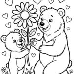 Černobílá line art omalovánka pro děti, na které je zobrazeno malé medvídě podávající velkou květinu usmívající se medvědí mamince. V okolí postaviček se nacházejí poletující srdíčka.