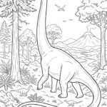 Černobílá lineární kresba sauropoda Diplodoca s dlouhým krkem a ocasem u stromu, v pozadí s lesem, tekoucí řekou a aktivním vulkánem pod jasnou oblohou.
