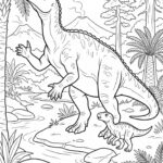 Černobílá kresba Iguanodona, který se natahuje pro potravu k prehistorickému stromu.