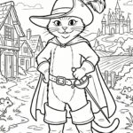 Černobílá line art omalovánka s motivem chytrého Kocoura v botách připravená pro tisk na A4.