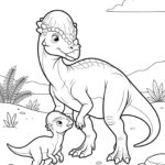 Černobílá dětská omalovánka Pachycephalosaura a jeho mláděte stojících v jednoduché rovinaté krajině.