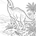 Černobílá kresba Parasaurolopha, který stojí poblíž vody a pralesních cykasů.