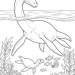 Černobílá kresba dlouhokrkého Plesiosaura a jeho mláděte pod vodní hladinou s mořskými řasami a rybkami.