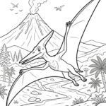 Černobílá kresba létajícího Pteranodona s rozevřenými křídly, pod ním teče řeka a v pozadí je sopka.