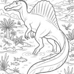 Černobílá obrysová kresba Spinosaura kráčejícího blízko vodní hladiny s prehistorickými rostlinami.