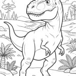 Černobílá obrysová kresba hrozivě vyhlížejícího Tyrannosaura rexe stojícího na zadních nohách.