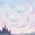 Tři bílá labutí pírka vznášející se v kouzelném vzduchu nad siluetou hradu, stylizovaná ilustrace k pohádce.