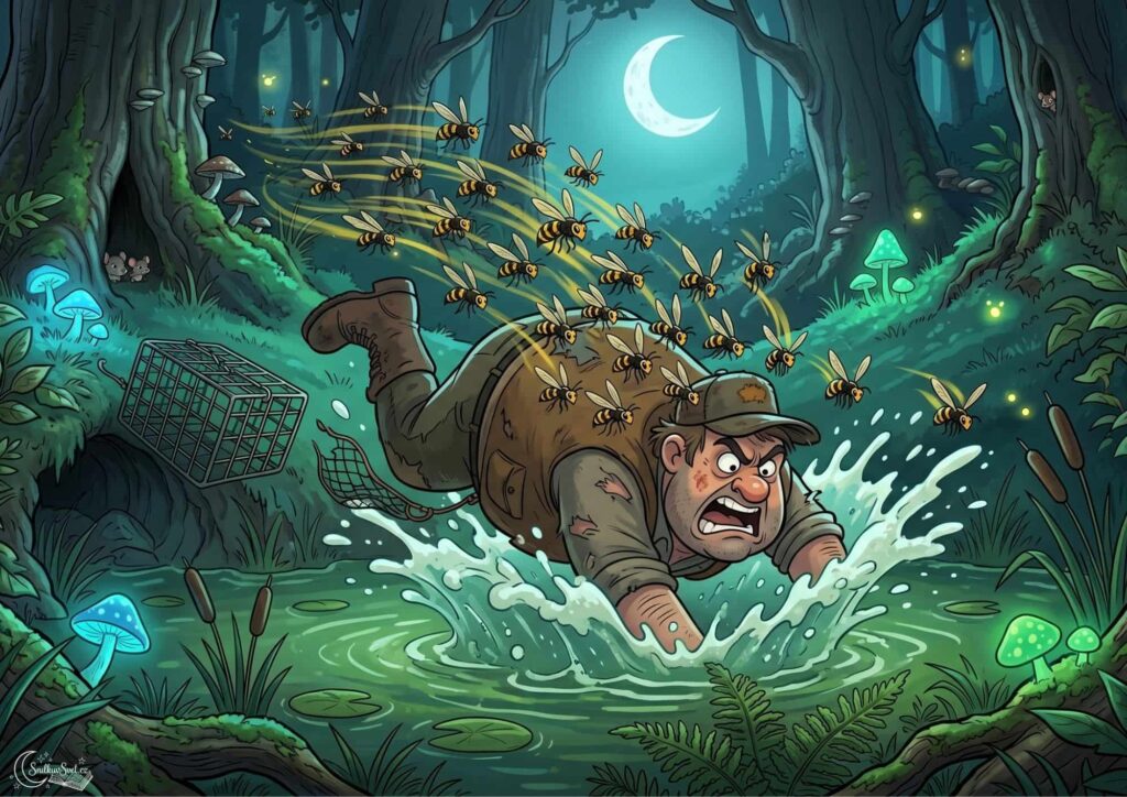 Vyděšený pytlák utíká před rojem vos a skáče do brčálově zeleného rybníka v noci.
