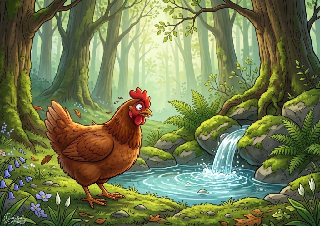 Malá slepička stojí u staré kamenné studánky v temném lese a prosí o vodu.