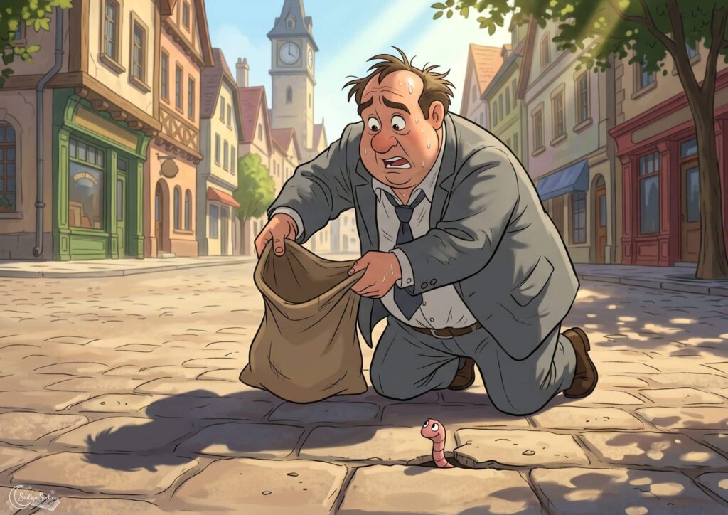 Kreslená ilustrace zachycuje zpoceného muže v šedém obleku, který klečí na dlážděné ulici historického městečka. S úzkostným výrazem drží otevřený látkový pytel a snaží se do něj polapit svůj vlastní stín na zemi. Z díry v dlažbě ho při tom zvědavě pozoruje malá růžová žížala. V pozadí jsou barevné domy a věž s hodinami.
