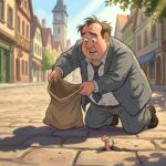 Kreslená ilustrace zachycuje zpoceného muže v šedém obleku, který klečí na dlážděné ulici historického městečka. S úzkostným výrazem drží otevřený látkový pytel a snaží se do něj polapit svůj vlastní stín na zemi. Z díry v dlažbě ho při tom zvědavě pozoruje malá růžová žížala. V pozadí jsou barevné domy a věž s hodinami.