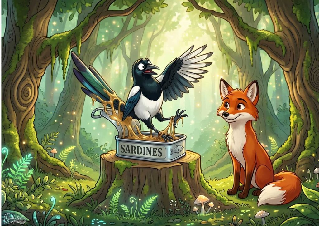 Digitální ilustrace v pohádkovém stylu zachycující lesní scénu. Uprostřed na mechovém pařezu stojí otevřená plechovka s nápisem „SARDINES“. V plechovce je uvízlá straka, která má peří slepené hustou zlatavou tekutinou a vypadá překvapeně. Vedle pařezu sedí oranžová liška s bílou náprsenkou a špičkou ocasu, která se na straku s klidem a mírným úsměvem dívá. Pozadí tvoří prosvětlený zelený les s vysokými stromy a drobnými houbami.
